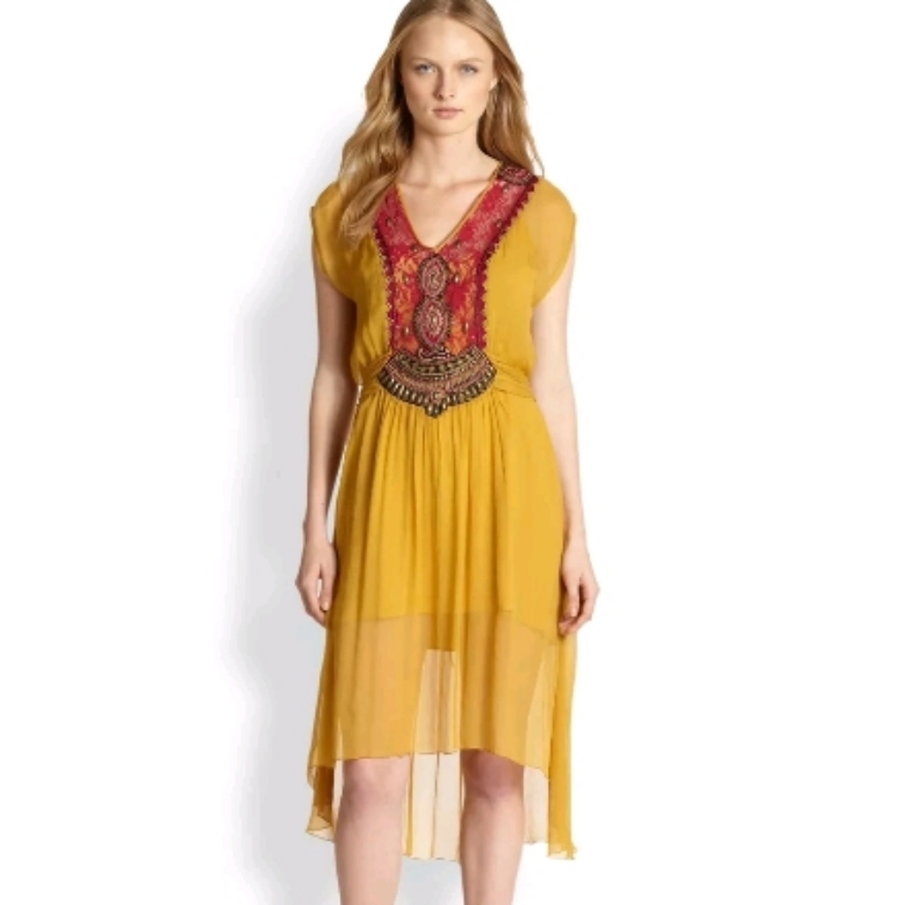 $579.00 NEW Haute Hippie Beach Cover Sheer Dress Mustard Beaded Small 4-6